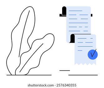 Simple plant outline and receipt with blue check mark highlight themes of financial transactions and completing tasks. Ideal for finance, accounting, business, approval processes, and productivity