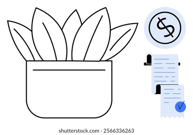 Simple plant in pot, receipt with verified checkmark, and dollar sign symbol. Ideal for budgeting, finance, eco-friendliness, sustainability, home decor. Line art style