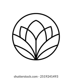 Planta simple línea redonda logo estética . Flor de emblema en estilo lineal circular. Insignia abstracta del Vector para el diseño de productos naturales, floristería, cosméticos, conceptos de la ecología, salud, balneario, centro del yoga