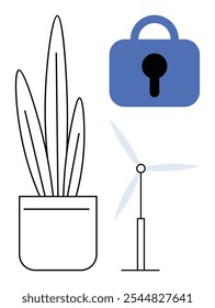 Simple plant, secure lock, and wind turbine. Ideal for environmental sustainability, renewable energy, security, minimalism, vector style design