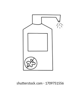 Simple plastic bottle wtih antiseptic. Antebacterial and antiviral tool for washing hands during pandemic, surgery. Process of disinfection. Vector illustration in cartoon doodle style. Hygiene hands