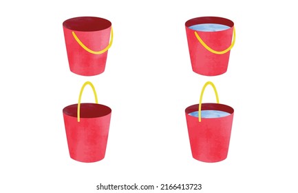 Simple plastic buckets set watercolor hand drawn vector illustration isolated on white background. Red plastic bucket clipart. Empty bucket and water bucket cartoon drawing. Bucket full water clipart