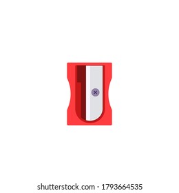 Simple plastic red pencil sharpener. Flat style. Vector illustration isolated on white background 