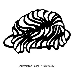 Simple plate with noodles. Large noodles on a plate in vintage style. Image of fast italian food on a white background. Vector stock image of paste for an icon or menu. Associated with a wig in a hat.