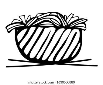 Simple plate with vermicelli in a hand drawing style. A bowl of french fries, for an icon, logo or restaurant menu. Flowerpot with houseplants on a white background. Vector stock image of cooking and 