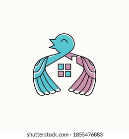 simple playful bird with negative space home vector icon