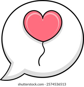 A simple and playful design featuring a pink heart-shaped balloon inside a white speech bubble, symbolizing love and communication