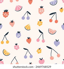 Simple playful fruits and berries doodle print. Pastel colors vector seamless pattern illustration, fresh summer vibes