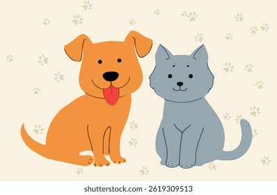 simple and playful illustration of a cartoon orange dog and gray cat on a cream-colored background with scattered paw prints.