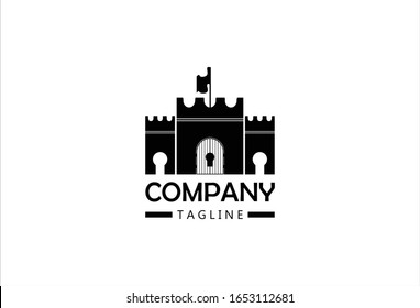 Simple and playful logo of a fort that has keyhole representing real estate. There are two more forts behind the main one laso with keyholes. Color is black. Fort has a flag at the top. The keyhole on