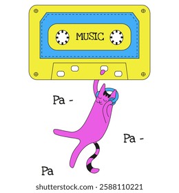 Simple playful Music concept isolated transparent background. Looney Whimsical Cat and audio tape. Perfect poster placard t-shirt print for audio lover. Vector illustration EPS 10	