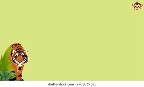 Uma ilustração vetor simples e brincalhona com um tigre emergindo de folhas de selva no lado esquerdo, com uma cara de macaco bonito no canto superior direito