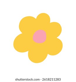 Simple and playful yellow flower illustration with a pink center, designed in a flat cartoon style on white background. Vector illustration