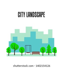 Simple playground in flat style with text. Vector illustration with cityscape scene. Minimal landscape background with trees and buildings. Forest nature cartoon design.