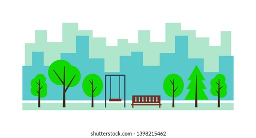 Simple playground in flat style. Vector illustration with cityscape scene. Minimal landscape background with trees and buildings. Forest nature cartoon design.