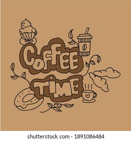 Simple pleasure of a coffee break with this delightful hand-drawn lettering design. The 'Coffee Time' inscription, accompanied by a cup of coffee and a take-away coffee cup, evokes a sense of warmth 
