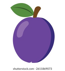 Simple plum illustration with leaf, perfect for fruit packaging, healthy food design, kids' books, and colorful seasonal compositions