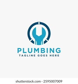 Simple Plumbing logo vector with wrench and circle plumbing pipe design