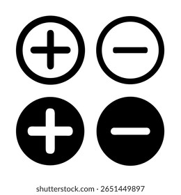 Ícones vetoriais simples de adição e subtração para matemática, design de interface do usuário, aplicativos e calculadoras com símbolos limpos e escalonáveis.