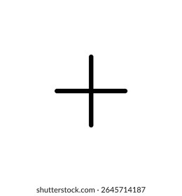 Um sinal de adição simples, com o mesmo comprimento intersetando linhas horizontais e verticais. Curso monocromático preciso de 1,5 px, vetor 2D plano.