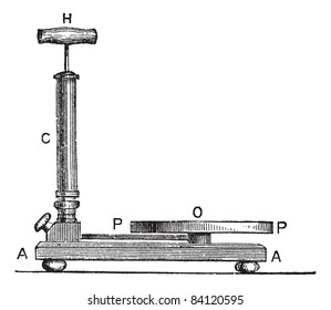 Máquina neumática simple, ilustración vintage grabada. Enciclopedia Trousset (1886-1891).