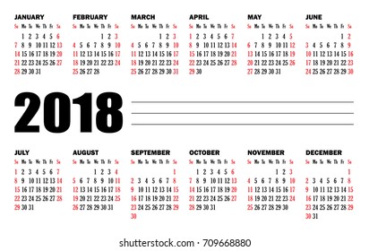 Simple pocket american calendar 2018. Vector calendar design template. Week starts from Sunday. White background.