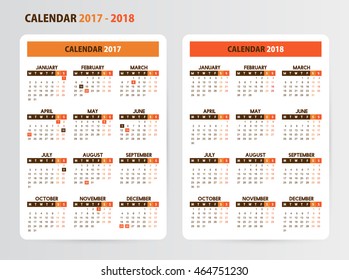 Simple pocket calendar for 2017 and 2018