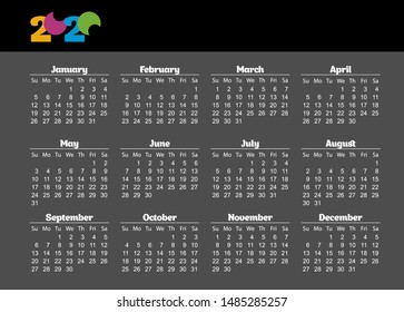 Simple pocket calendar 2018 year on black Background. Week starts from sunday. Portrait orientation. Stationery Design Template. 12 Months.