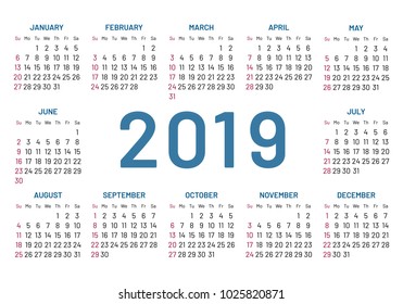 Simple pocket calendar 2019 center year, flat, isolated. Plain annual menology in minimalistic design. Vector illustration of chart