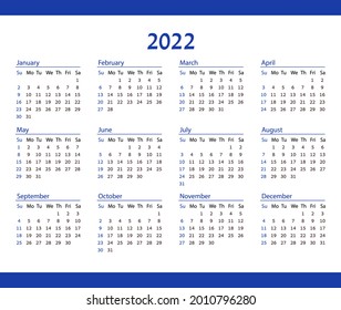 Einfache Taschenkalender 2022 Jahr auf weißem Hintergrund. Die Woche beginnt am Sonntag. Horizontal blauer Taschenkalender 2022. Vorlage für Schreibarbeiten. 