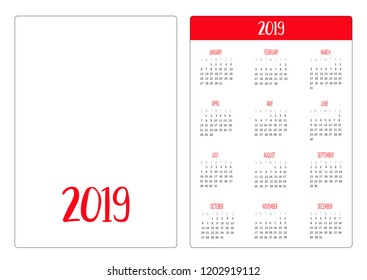 Simple pocket calendar layout 2019 new year template. Week starts Sunday. Vertical orientation. Flat design. White background. Isolated. Vector illustration
