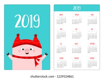 Simple pocket calendar layout 2019 new year. Pig wearing red winter hat and scarf. Hands up. Week starts Sunday. Cute cartoon character. Vertical orientation. Flat design. Blue background. Vector