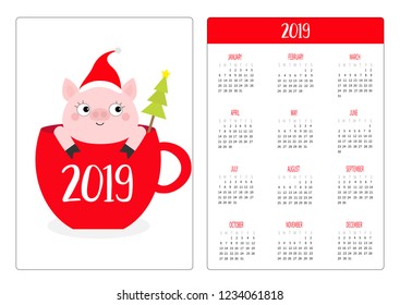 Simple pocket calendar layout 2019 new year. Week starts Sunday. Pig piggy in red coffee tea cup. Santa hat, snow.Cute cartoon character. Vertical orientation. Flat design. White background. Vector