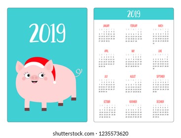 Simple pocket calendar layout 2019 new year. Pig in red Santa Claus hat. Week starts Sunday. Cute cartoon character. Vertical orientation. Flat design. Blue background. Vector