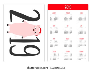 Simple pocket calendar layout 2019 new year. Week starts Sunday. Cute pig piggy. Santa red hat. Cartoon smiling character. Vertical orientation. Flat design. White background. Vector illustration