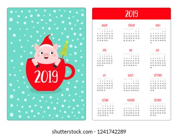 Simple pocket calendar layout 2019 new year. Pig piggy in red coffee tea cup. Santa hat, snow. Week starts Sunday. Cute cartoon character. Vertical orientation. Flat design. Blue background. Vector