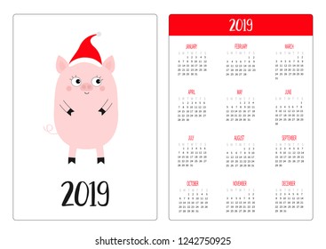 Simple pocket calendar layout 2019 new year. Week starts Sunday. Cute pig piggy in Santa red hat. Cartoon smiling character. Vertical orientation. Flat design. White background. Vector illustration