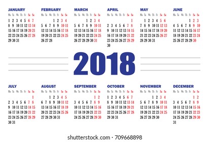 Simple pocket european calendar 2018. Vector calendar design template. Week starts from Monday. White background.