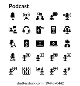 Simple Podcast Icon Set Solid Style Contain Such Icon as Mic, Microphone, Dialogue, Monologue, Broadcast, Listening, Voice, Audio Record, Headphone, Podcasting and more. 64 x 64 Pixel Perfect
