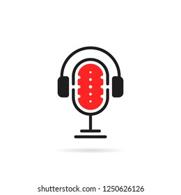 simple podcast logo with headphone. flat sticker style trend logotype graphic minimal art design illustration isolated on white background. concept of retro speaker equipment for sound recording