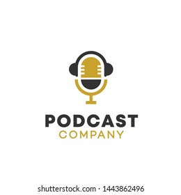 simple podcast or radio logo design inspiration with mic and headphone - vector