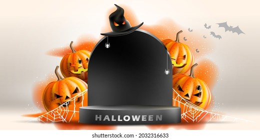 Simple podium and stage with halloween gravestone concept.Display product with witchcraft hat