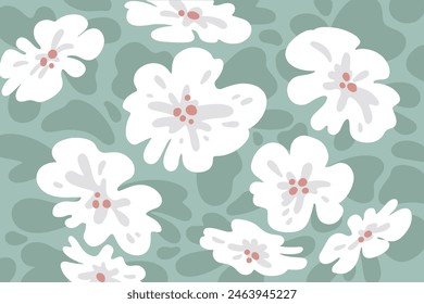 
Einfache und poetische weiße Große Blumenmuster-Illustration in Weiß, Grün und kühlen Tönen