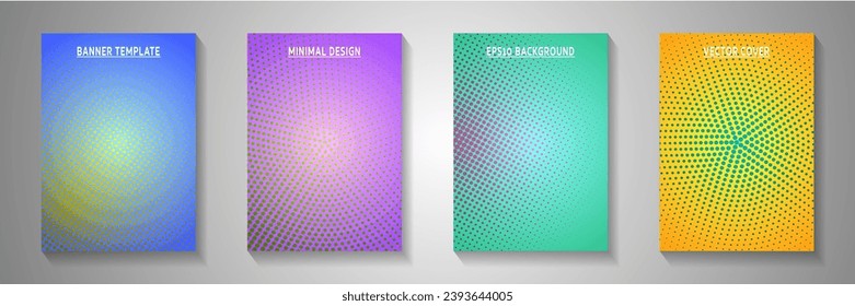 Simple point screen tone gradation cover page templates vector kit. School notebook faded screen tone patterns. Vintage cartoon comics style front page layouts. Round pixels.
