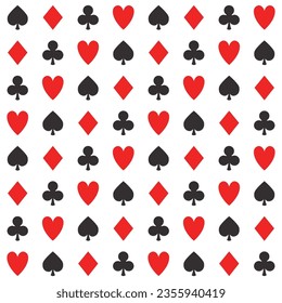 Simple poker repeat pattern, vector seamless casino background with card suits, clubs, hearts, spades and diamonds