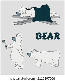 Simple polar bear character. Use for invitation, print, sticker. Vector illustration of cartoon doodle character, bear on massage, gives flowers, goes. Witch for sticker.