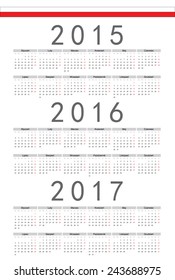 Simple Polish 2015, 2016, 2017 year vector calendar. Week starts from Monday.