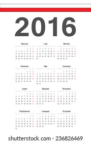 Simple Polish 2016 year vector calendar. Week starts from Mondays.