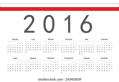 Simple Polish 2016 year vector calendar. Week starts from Monday.