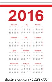 Simple Polish 2016 year vector calendar. Week starts from Mondays.